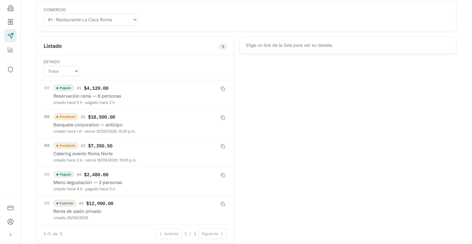 Panel zenit — Links de pago